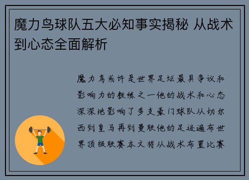 魔力鸟球队五大必知事实揭秘 从战术到心态全面解析