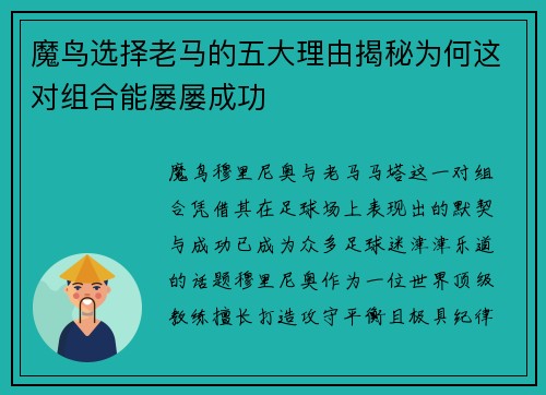 魔鸟选择老马的五大理由揭秘为何这对组合能屡屡成功 魔鸟选择老马的五大理由揭秘为何这对组合能屡屡成功